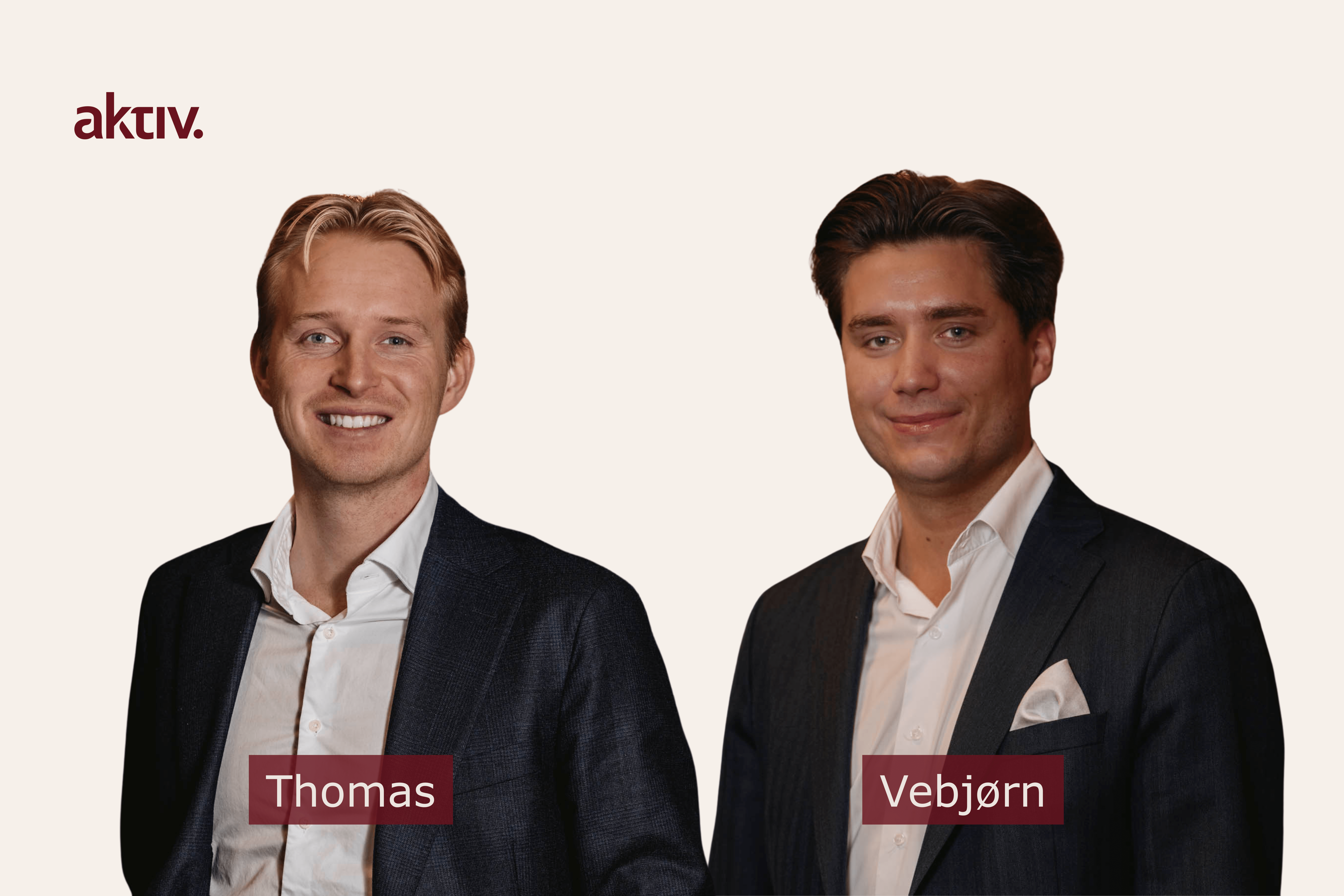 Bilde av to menn mot beige bakgrunn. Det er portrettbilder. Logoen til aktiv eiendomsmegling i venstre hjørne og navn på meglerne på bildet, til venstre er Thomas og Vebjørn er til høyre.